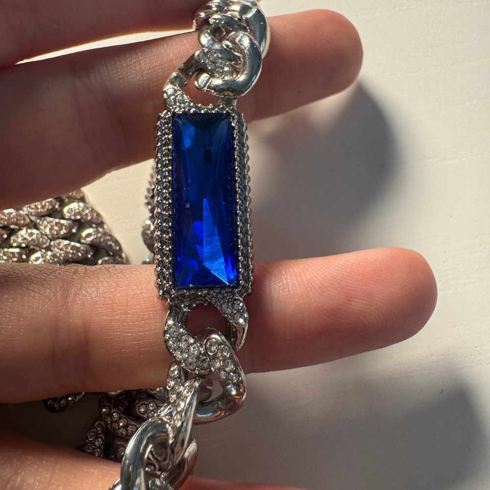 Iced Out Cuban Link Chain Chunky Statement Necklace Blue Crystal Silver Tone